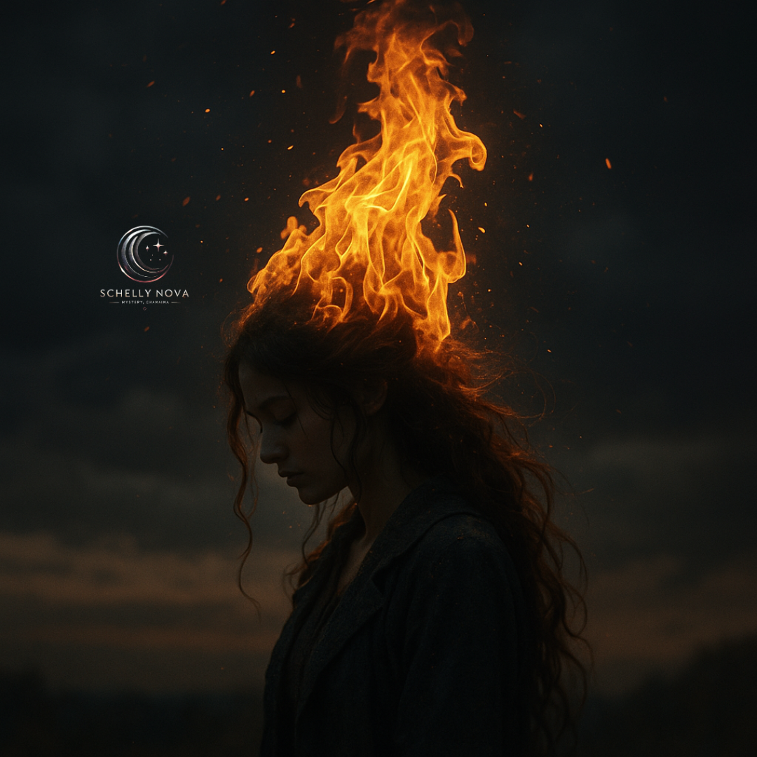 A photograph with fantasy elements features a female figure standing in twilight with flames rising from her head, symbolizing delusional confidence and raw inner fire.