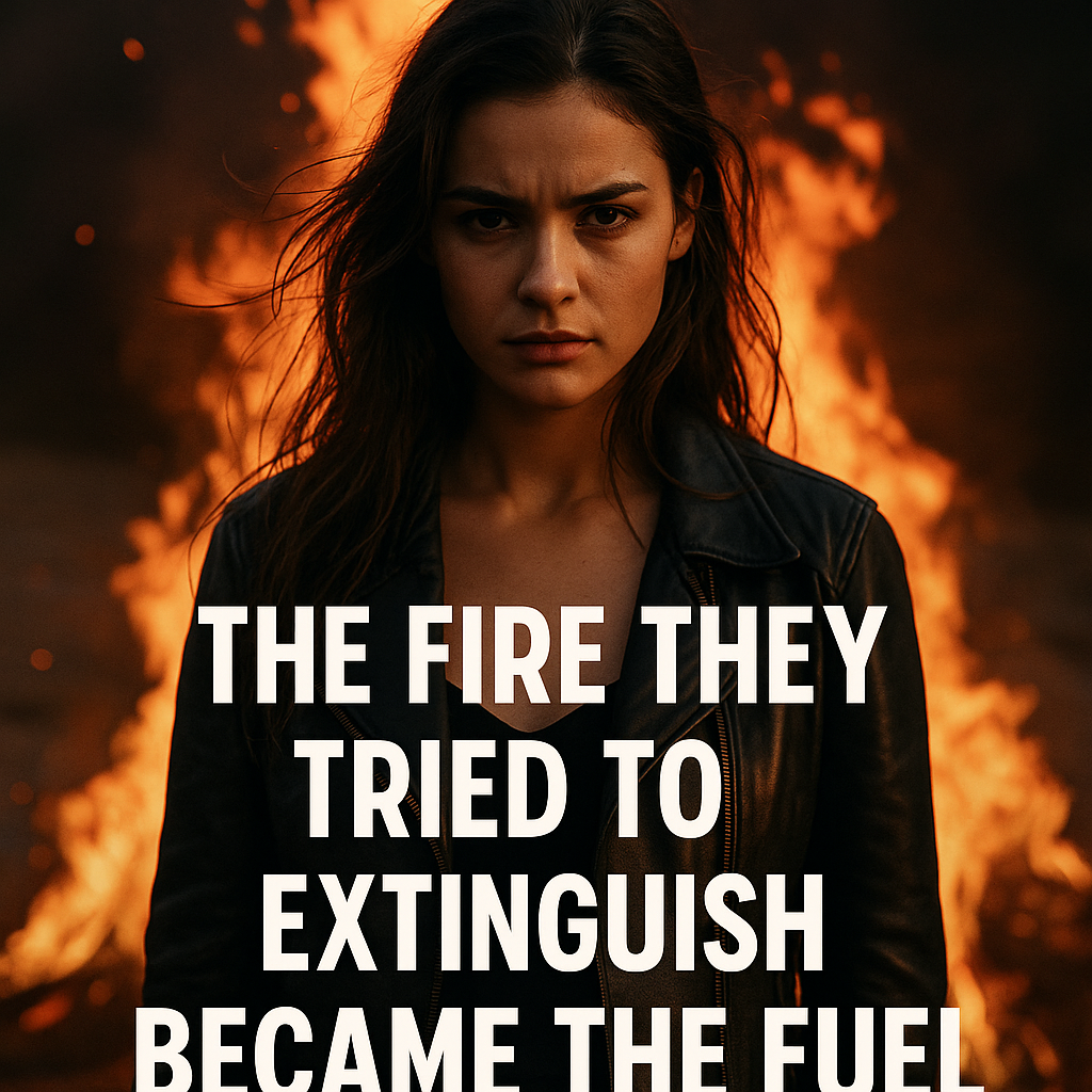 A woman stands in a burning field with flames behind her, head raised in defiance and strength, symbolizing transformation through fire and resilience.