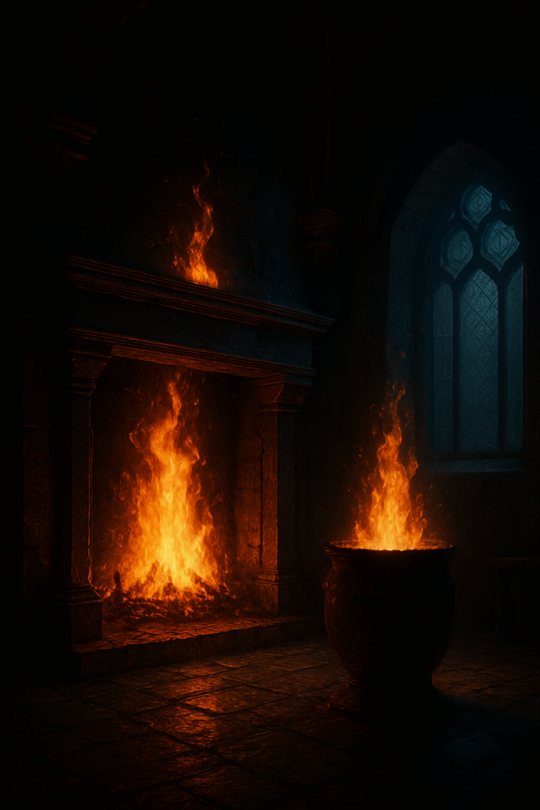 A digital painting of an ancient stone chamber lit by a roaring fire, symbolizing the hidden realm where transformation begins and legends are forged in silence.