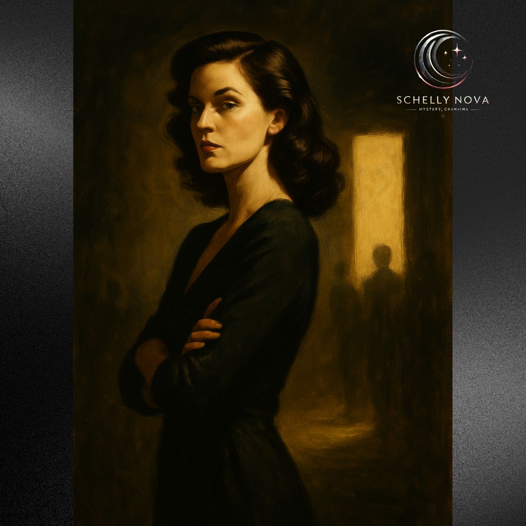 A poised woman in a dark, classic oil portrait style, standing with her arms crossed and an intense gaze, evoking the quiet strategy of breaking the rules without a word.