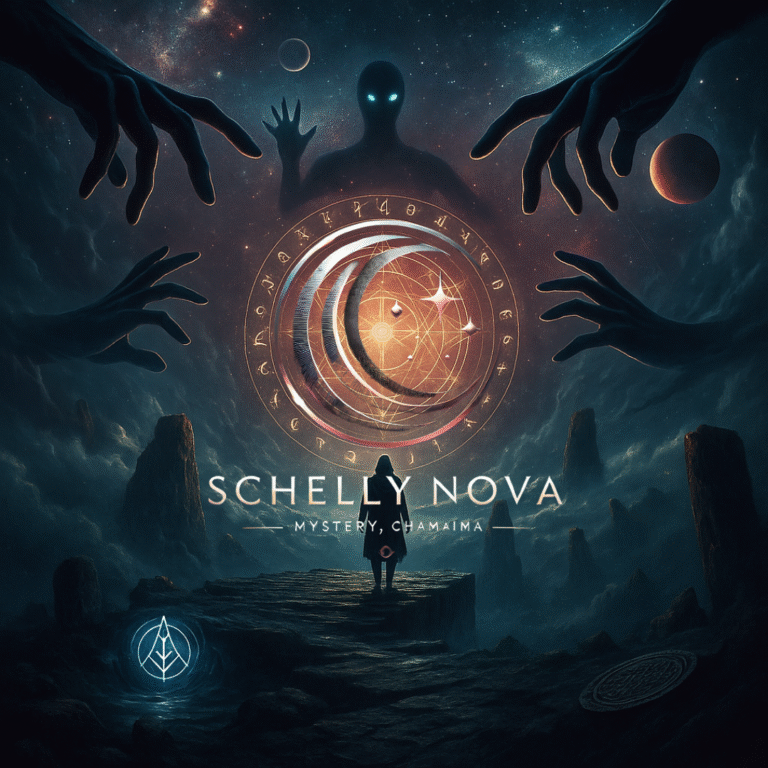 A digital painting in a blend of dark fantasy and cosmic mysticism features a cloaked figure standing at the edge of a stone path that winds through mist and light. Celestial symbols swirl above as glowing hands reach from the shadows, evoking themes of unseen power, fate, and quiet mastery.