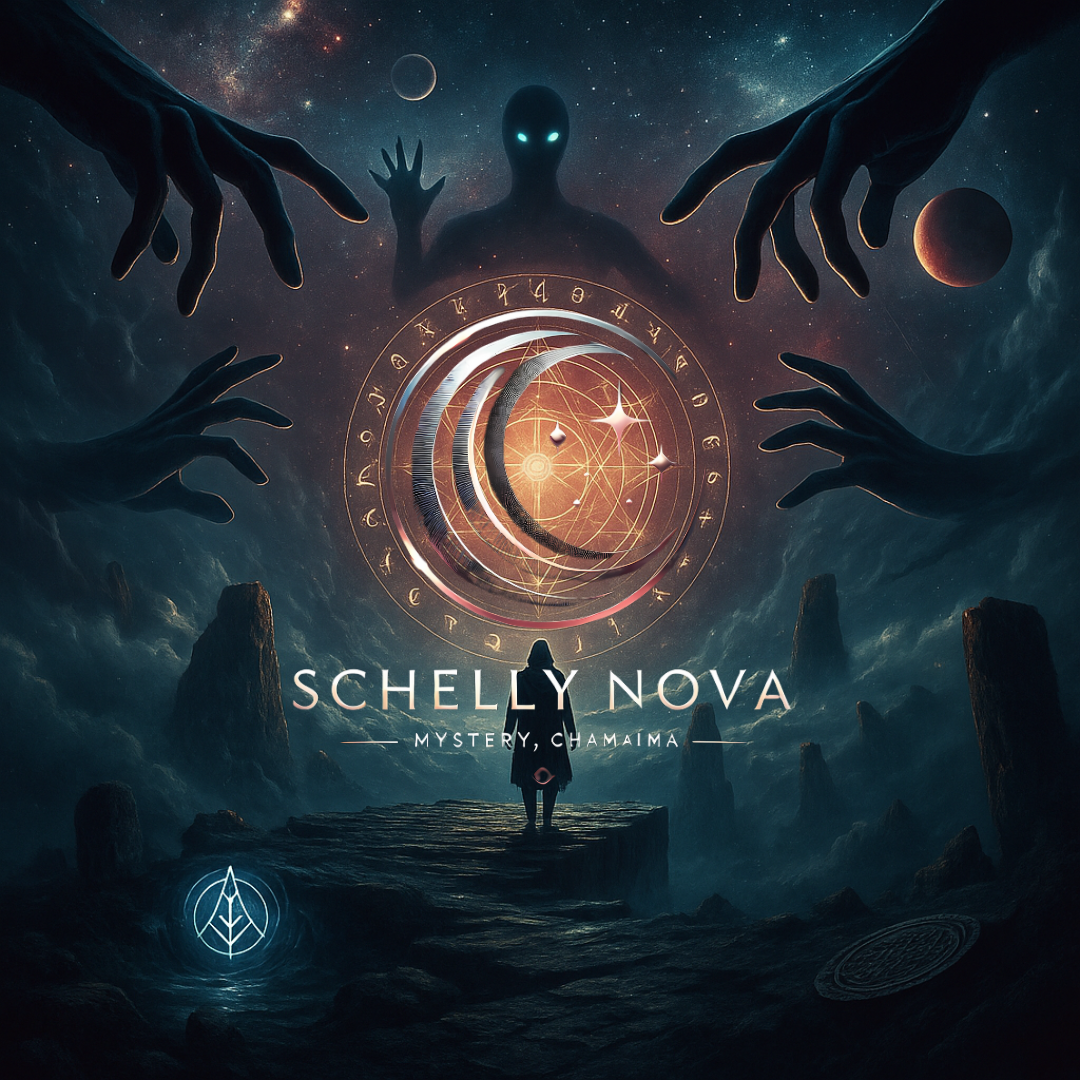 A digital painting in a blend of dark fantasy and cosmic mysticism features a cloaked figure standing at the edge of a stone path that winds through mist and light. Celestial symbols swirl above as glowing hands reach from the shadows, evoking themes of unseen power, fate, and quiet mastery.
