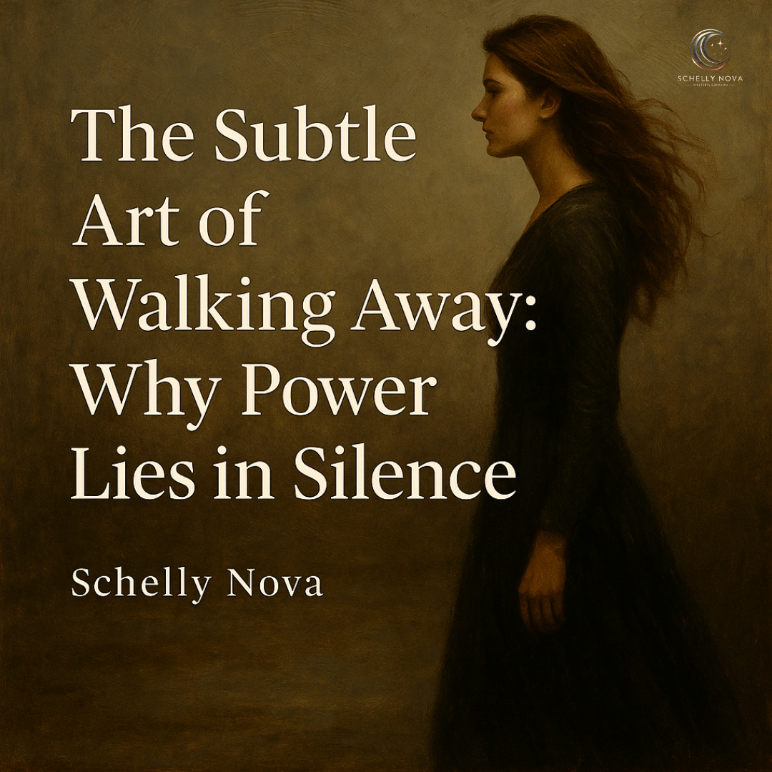 A digital painting of a strong woman walking away in a muted earth-tone background with bold white text reading "The Subtle Art of Walking Away: Why Power Lies in Silence."