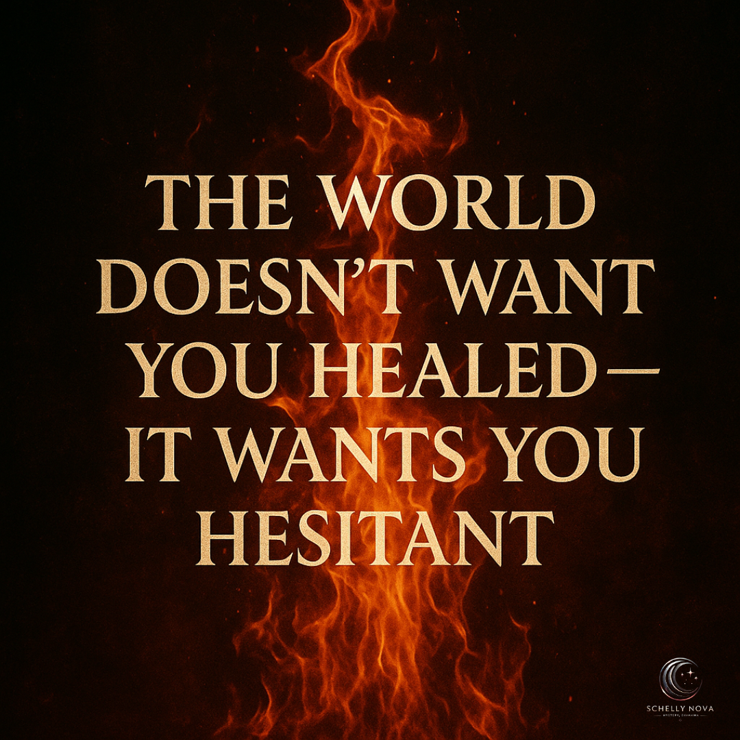 A digital graphic design features bold, centered text in a serif font that reads “The World Doesn’t Want You Healed — It Wants You Hesitant,” layered over rising orange flames against a dark, shadowed background, symbolizing resistance, transformation, and suppressed strength.