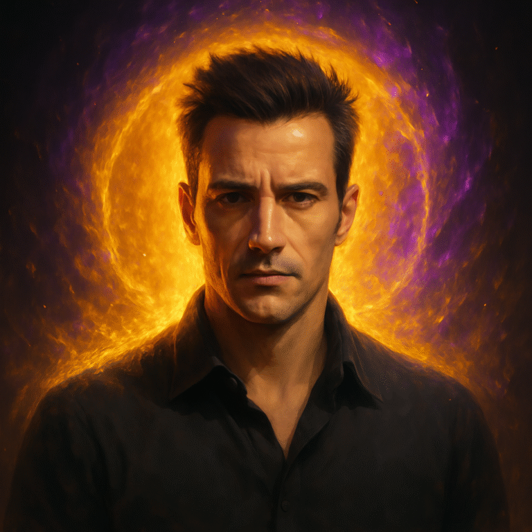 strong, stoic man staring forward in silence, exuding power, restraint, and emotional control in a storm-lit background.