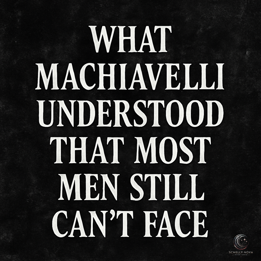 A bold digital graphic displays the phrase “What Machiavelli Understood That Most Men Still Can’t Face” in white serif text on a dark textured background, representing strategic power and unshakable clarity.
