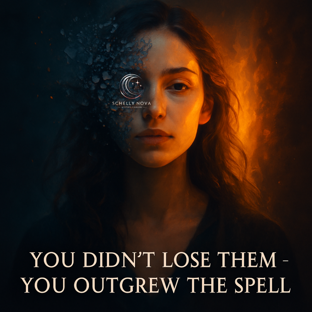 A digital painting in a semi-realistic style features a young woman with long dark hair, one side of her face breaking apart into ash and glowing fragments, symbolizing the shattering of illusion. Behind her, fiery light glows from the right side, representing transformation and awakening. The title “You Didn’t Lose Them — You Outgrew the Spell” is written below in bold serif font.