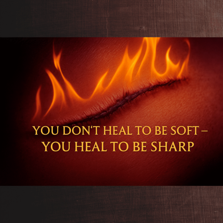 A photograph captures a close-up of a healed scar glowing with heat and surrounded by flames, with the phrase “You Don’t Heal to Be Soft — You Heal to Be Sharp” etched in bold golden-orange text, symbolizing power, resilience, and transformation through pain.