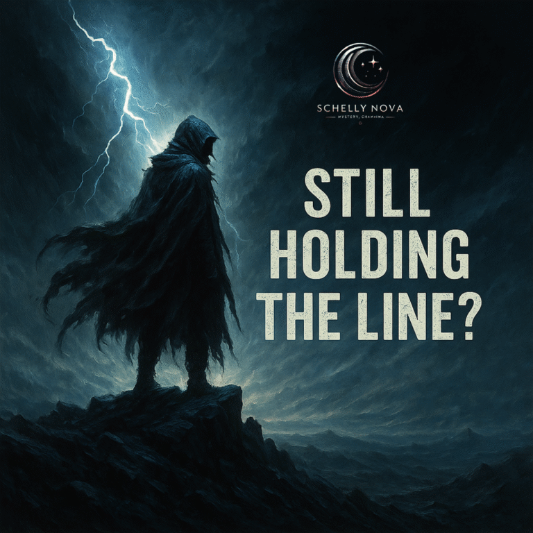 A lone figure in a dark cloak stands unwavering amid a swirling storm of fire and mist, facing a shattered world with glowing eyes of clarity—symbolizing the silent strength of those who refused to betray their truth.
