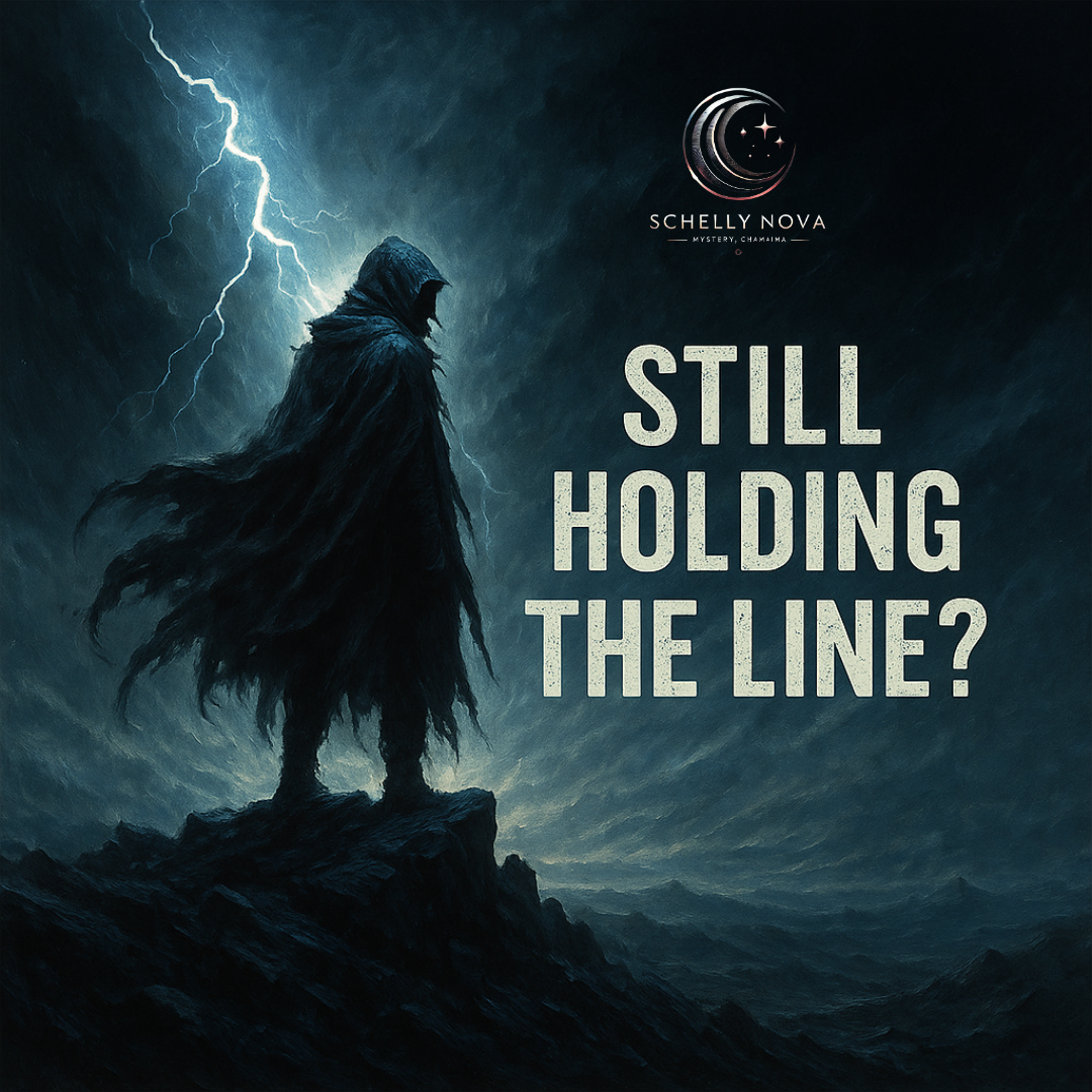 A lone figure in a dark cloak stands unwavering amid a swirling storm of fire and mist, facing a shattered world with glowing eyes of clarity—symbolizing the silent strength of those who refused to betray their truth.