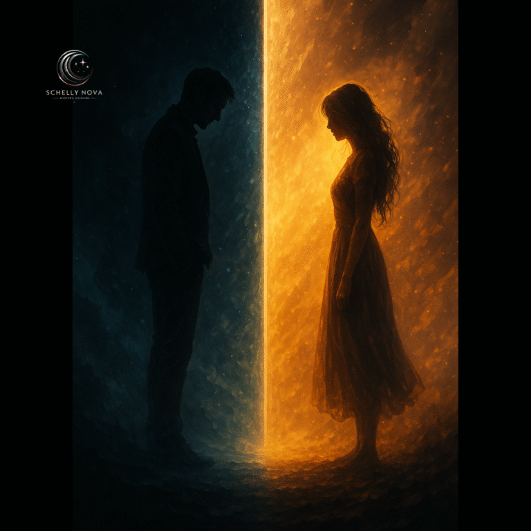 Digital art showing two figures separated by light and shadow, symbolizing missed connection and unspoken feelings.