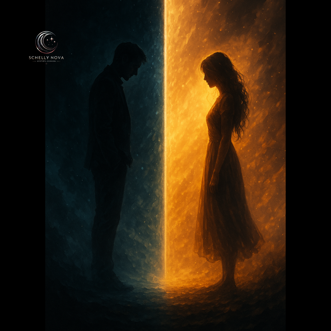 Digital art showing two figures separated by light and shadow, symbolizing missed connection and unspoken feelings.