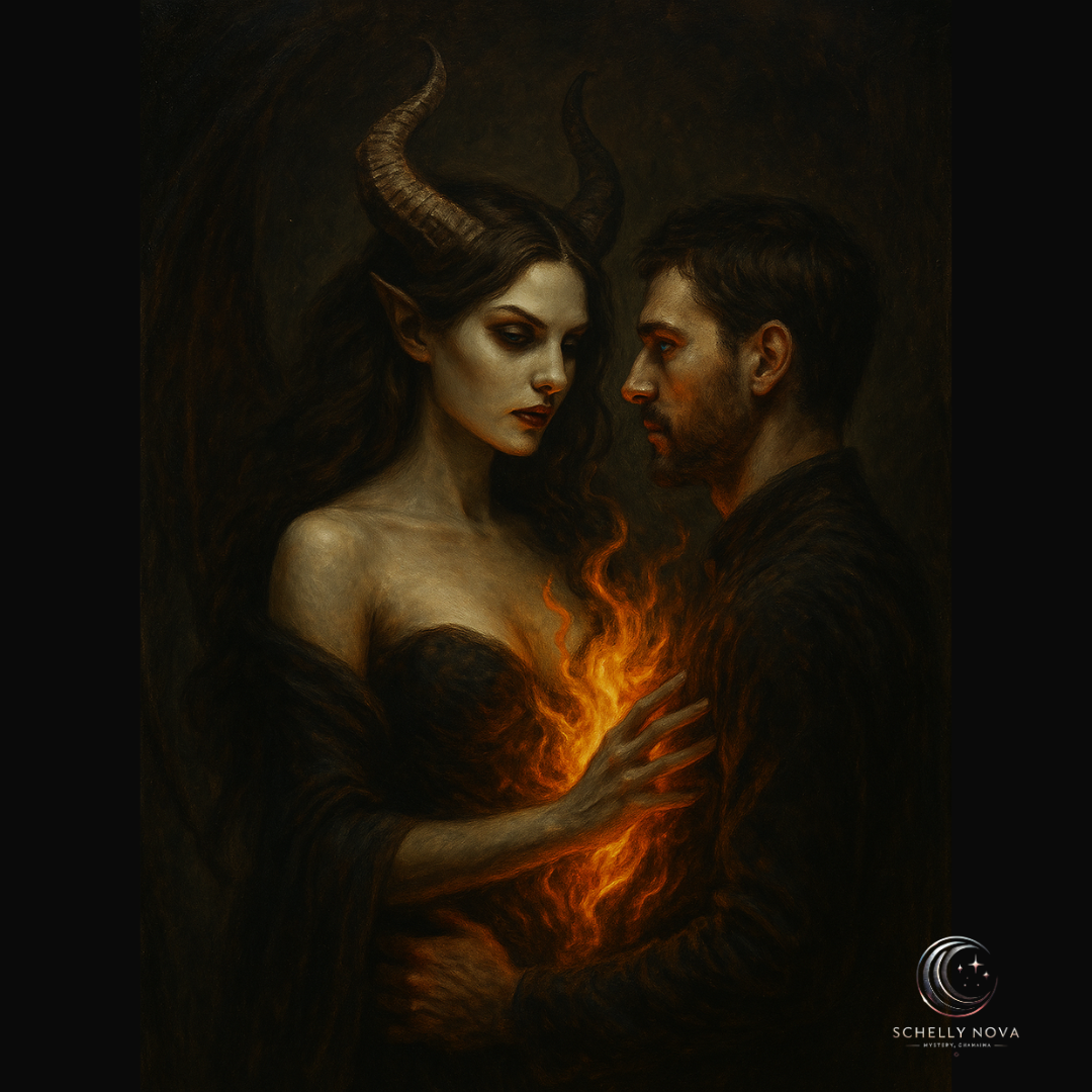 A hauntingly elegant woman in a dark, candlelit room exudes mysterious energy, her gaze locked with the viewer as shadows swirl around her—symbolizing the seductive power of a succubus draining energy through presence alone.