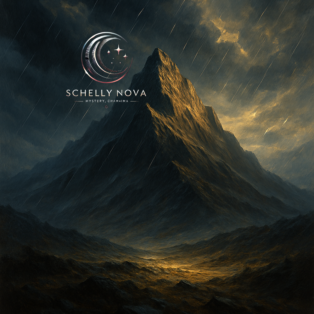 A solitary mountain peak stands unmoved as a dark storm swirls around it, symbolizing inner strength, resilience, and unshaken presence.