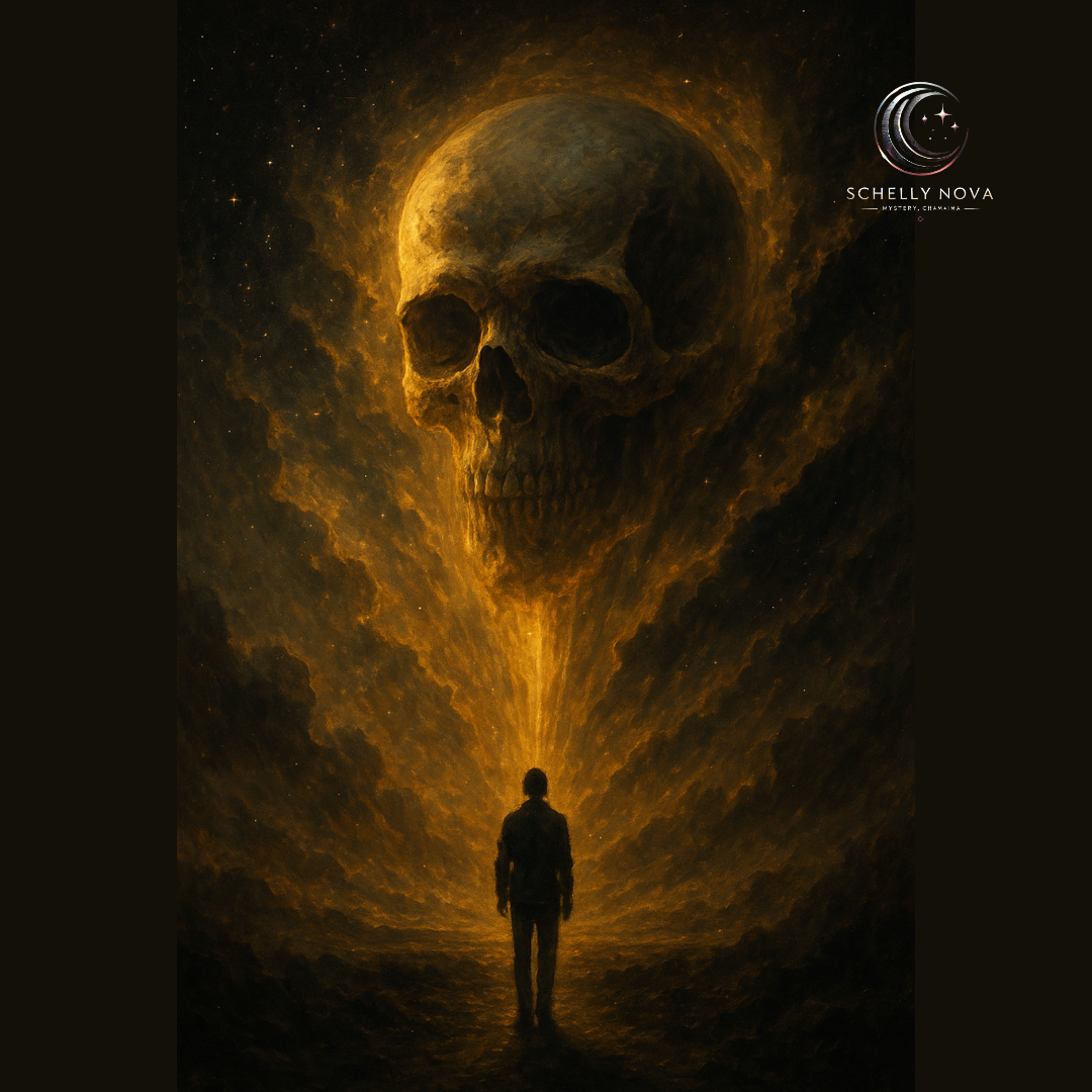 A dark spiritual image of a human figure standing in front of a burning, ancient clock wall with symbols of time and eternity watching from above.