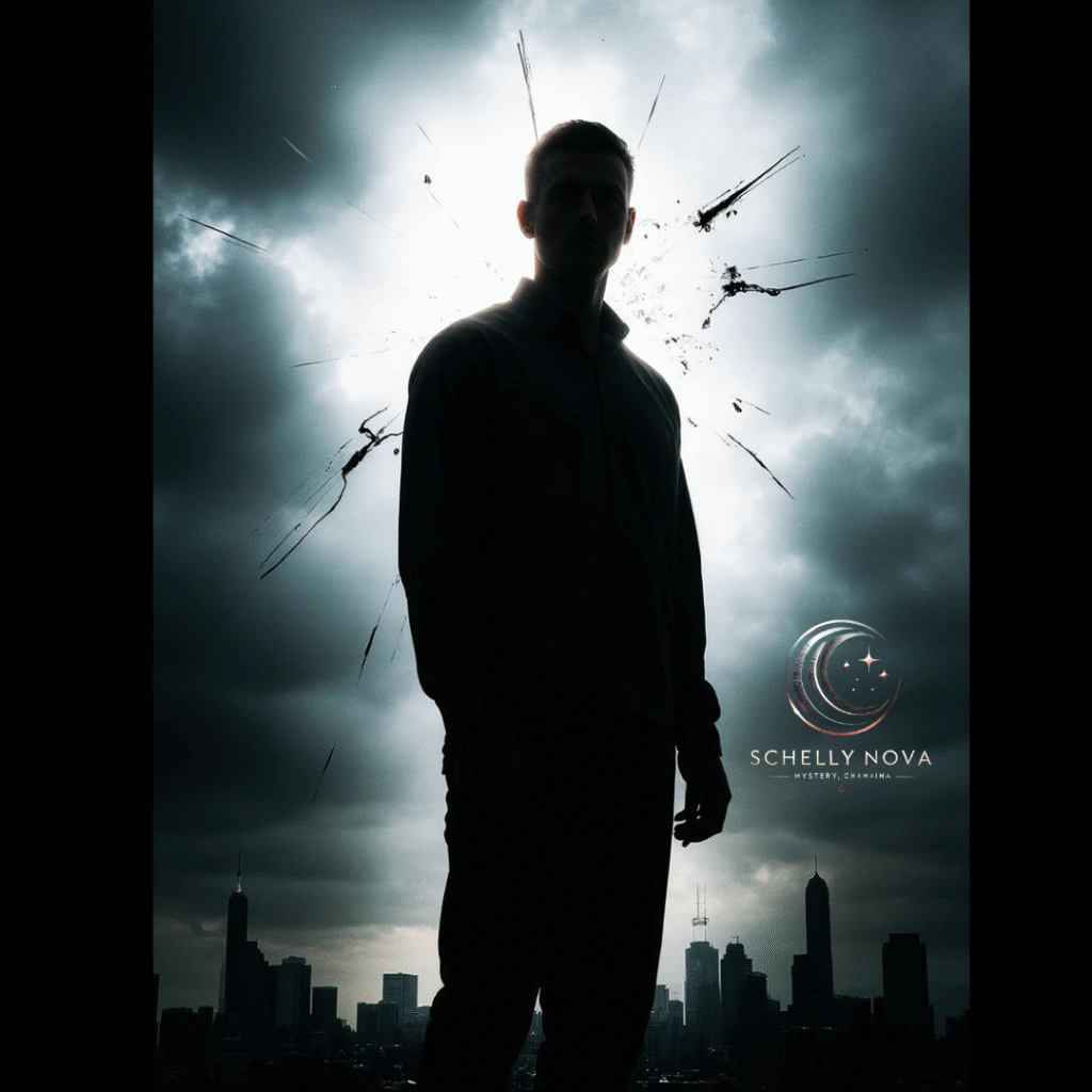 Man stands as if looking into a cracked mirror with dark city landscape.