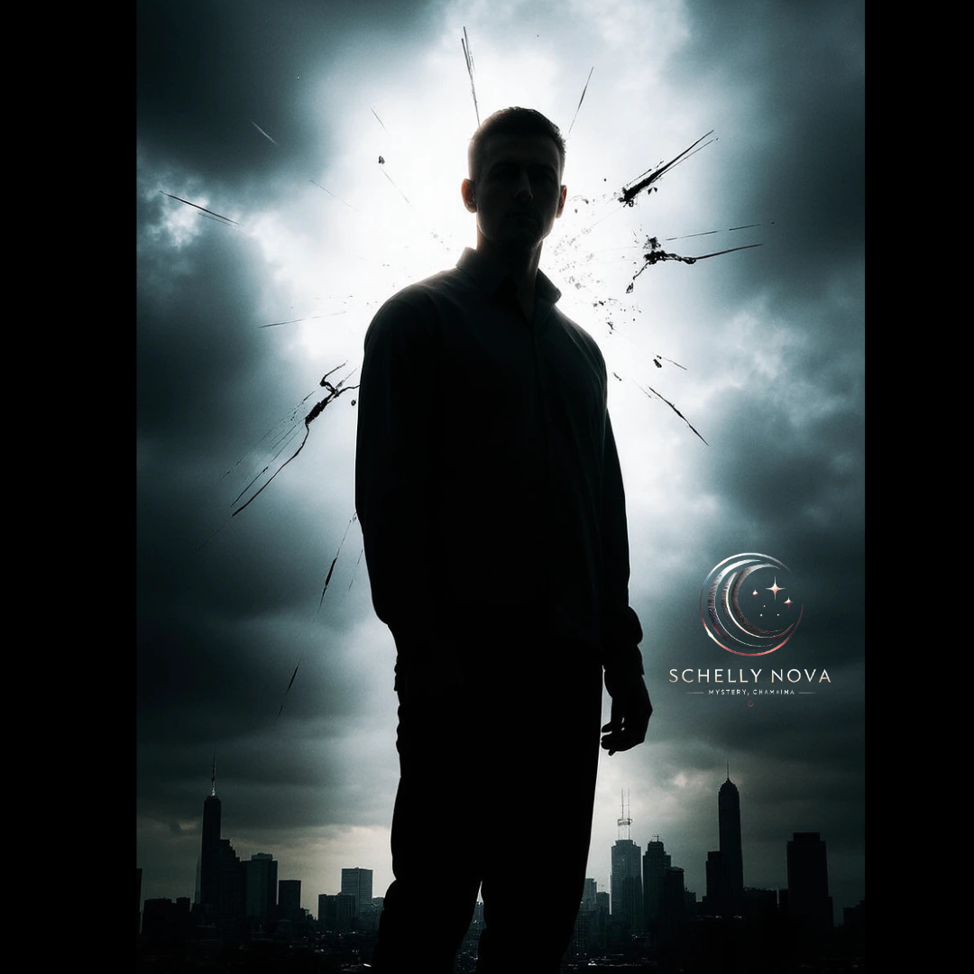 Man stands as if looking into a cracked mirror with dark city landscape.