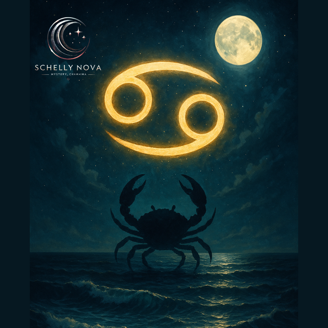 A digital painting of the Cancer zodiac symbol, featuring a glowing crab surrounded by soft lunar light, celestial patterns, and oceanic waves to reflect Cancer’s emotional depth and moon-ruled intuition.