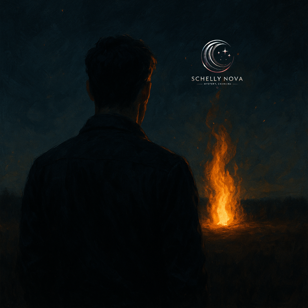 A digital painting of a lone man standing in a mystical field at twilight, gazing toward a glowing flame in the distance, symbolizing longing, transformation, and a journey toward connection.