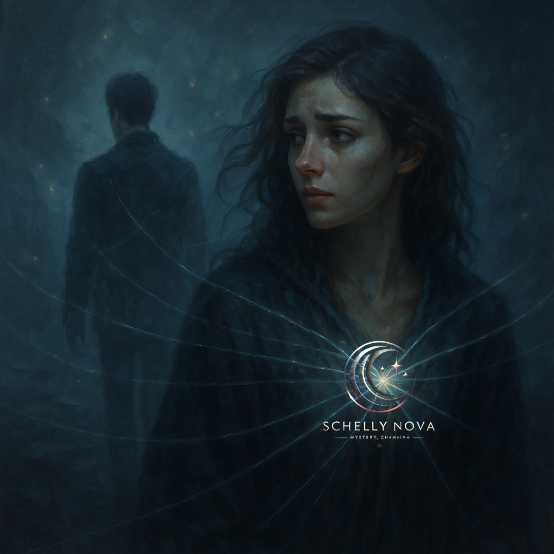A digital painting of two distant figures connected by glowing, invisible threads of energy under a cosmic night sky, symbolizing an unspoken psychic bond.