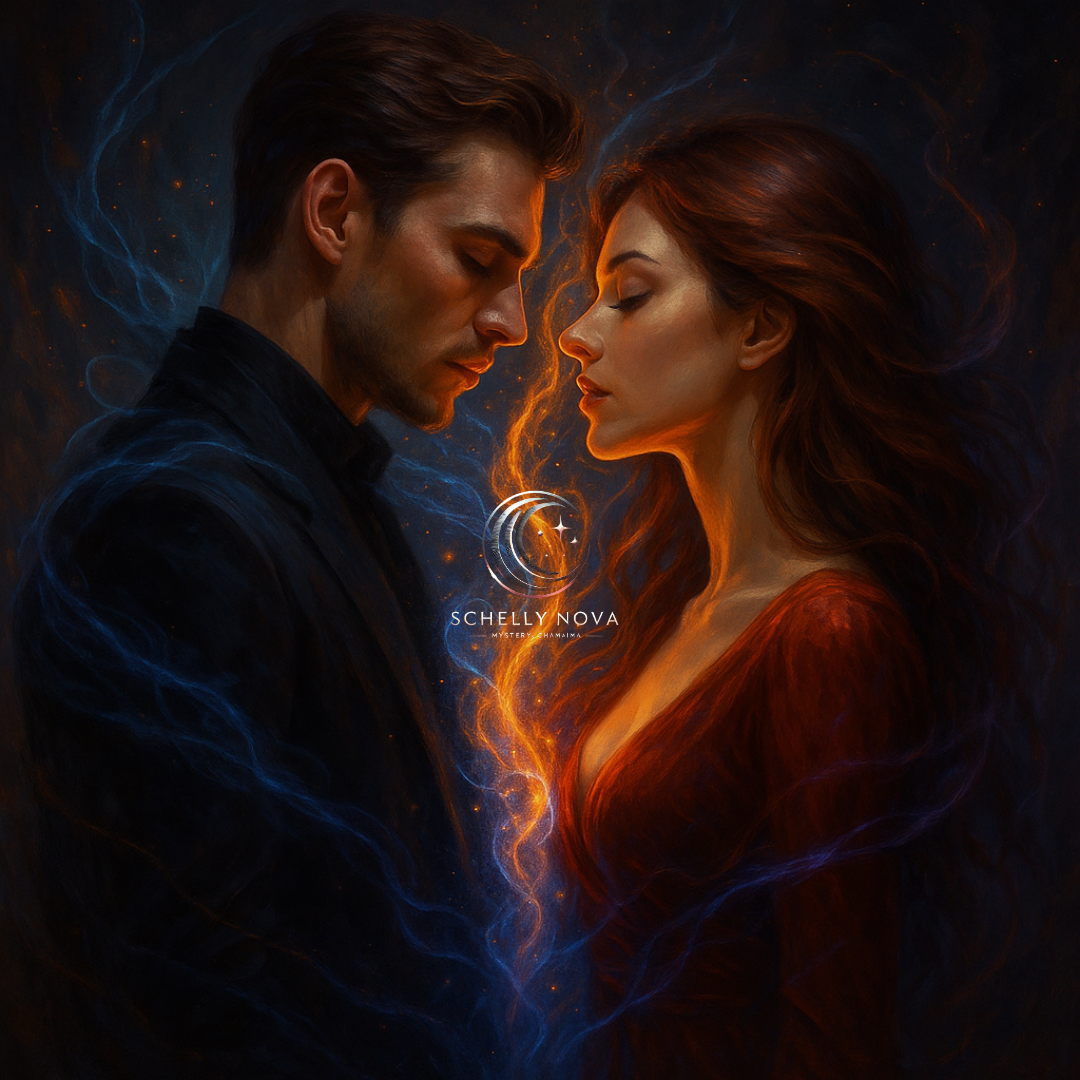 A digital painting of a powerful man and woman facing each other in a surreal, magical realm, symbolizing the tension and beauty of attraction, power, and relational freedom.