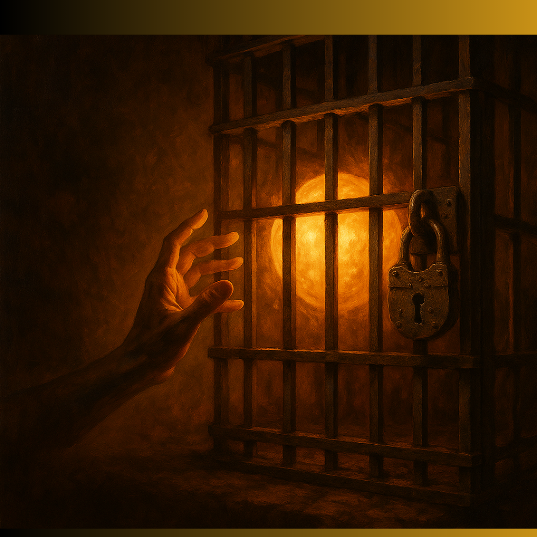 A digital painting of a woman standing in soft golden light, partially veiled by shadows, with a symbolic cage subtly embedded in the background—representing repressed pleasure, emotional depth, and the power to break free.