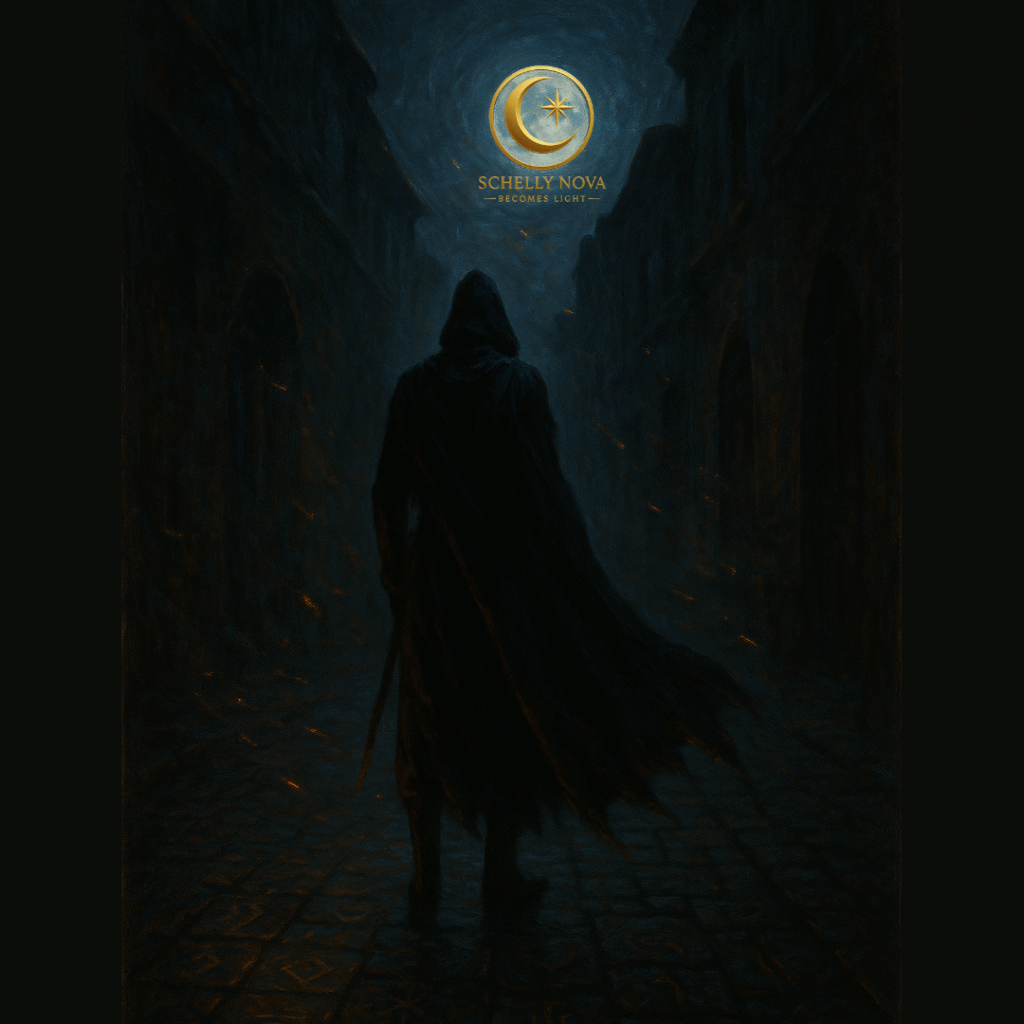 Cinematic oil-style painting of a lone hunter in a moonlit alley, cloak trailing and embers drifting—symbolizing consequence, discipline, and the law of shadows.