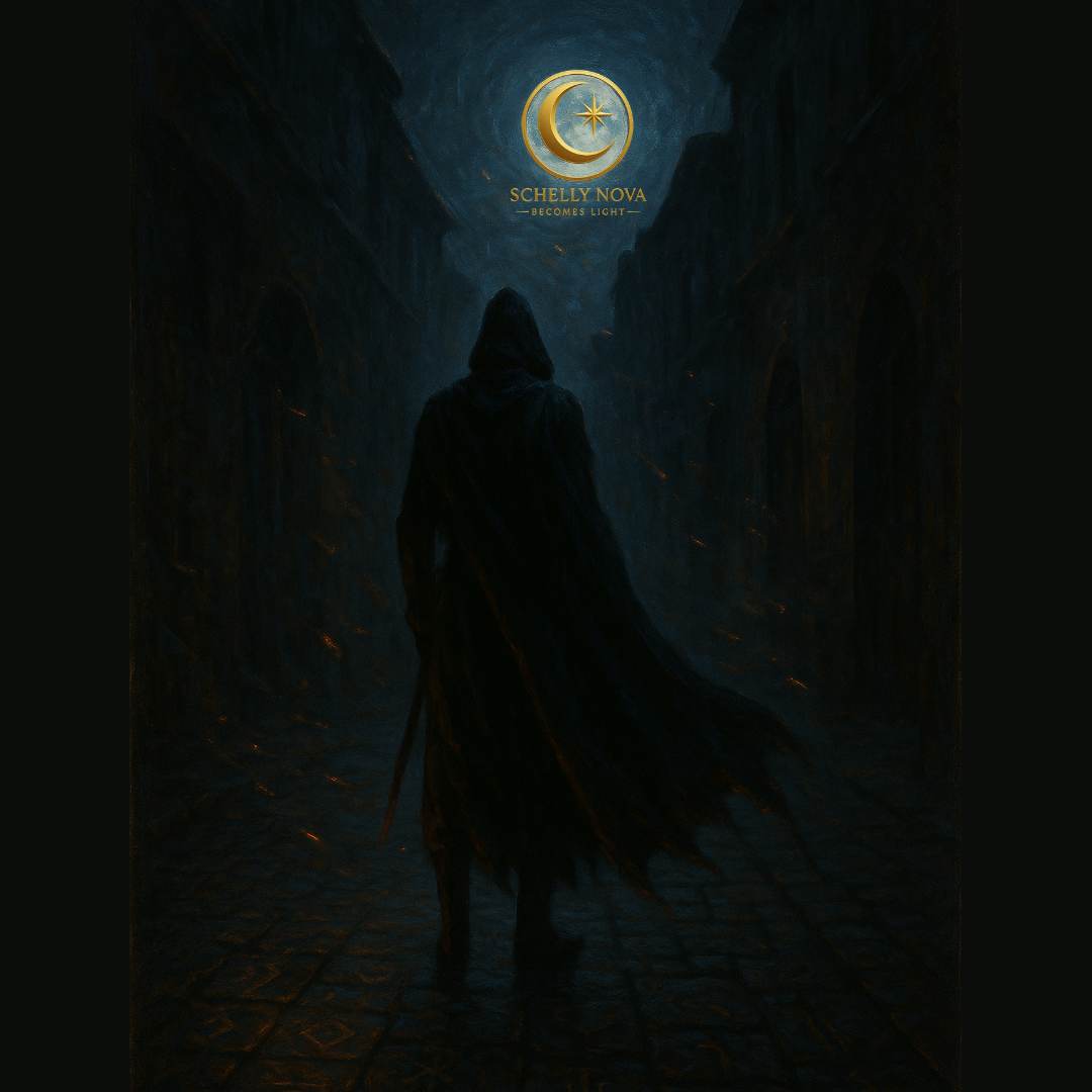 Cinematic oil-style painting of a lone hunter in a moonlit alley, cloak trailing and embers drifting—symbolizing consequence, discipline, and the law of shadows.
