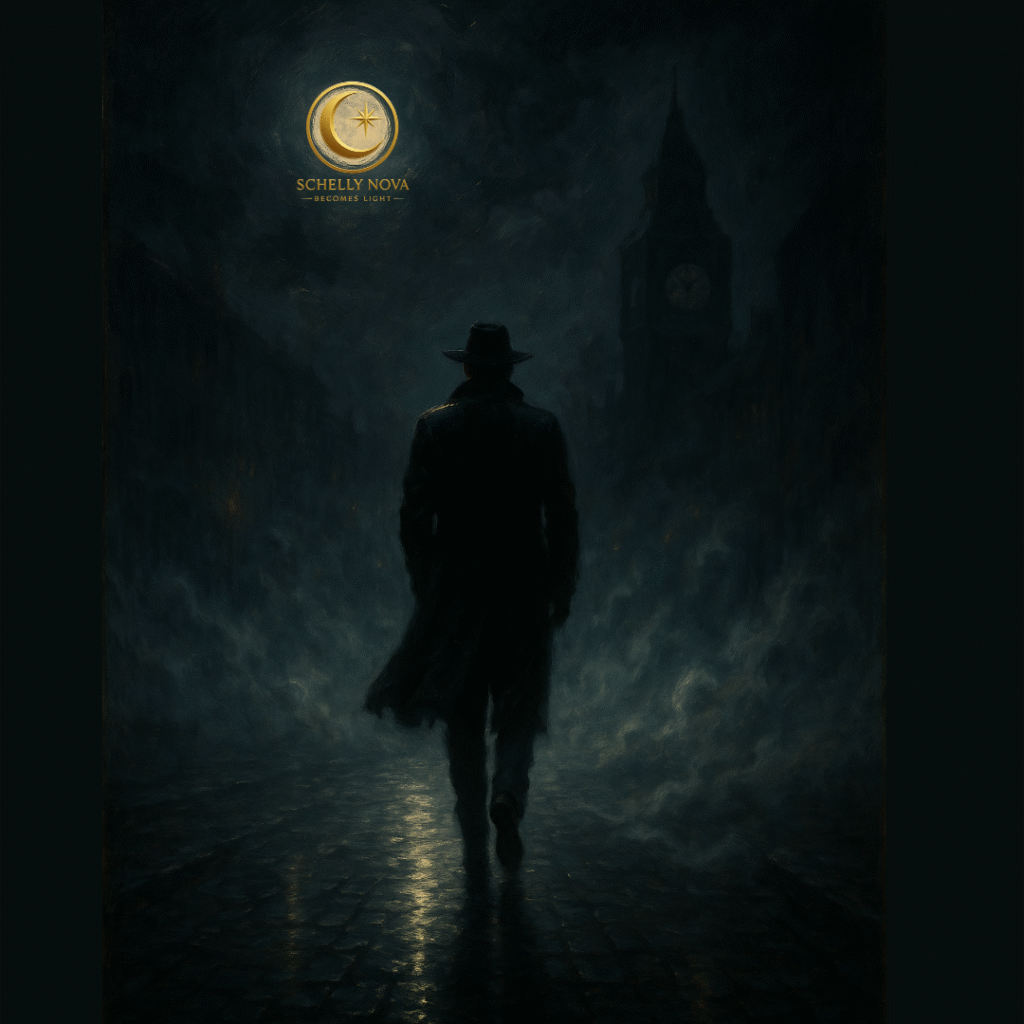 Cinematic oil-style painting of a lone figure walking through a misty midnight street, their shadow stretching forward—symbolizing defiance, rhythm, and self-rule.