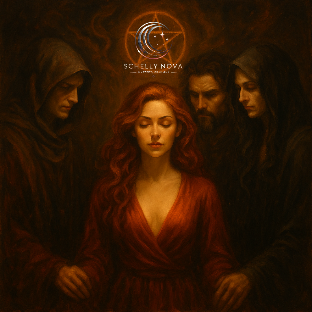 A traditional oil-style painting of a cloaked figure walking alongside shadowy allies through a foggy, mystical forest—symbolizing how the company you keep shapes your destiny.