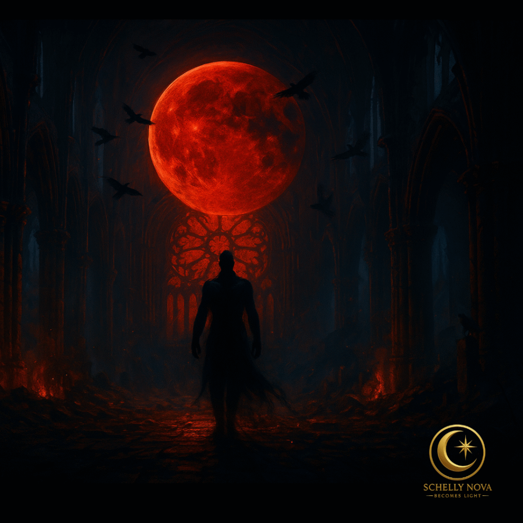 Dark fantasy painting of a hooded figure in a ruined cathedral under a blood-red moon, long shadow, ravens overhead, embers at their feet—symbolizing hunger, fearlessness, and unapologetic power.