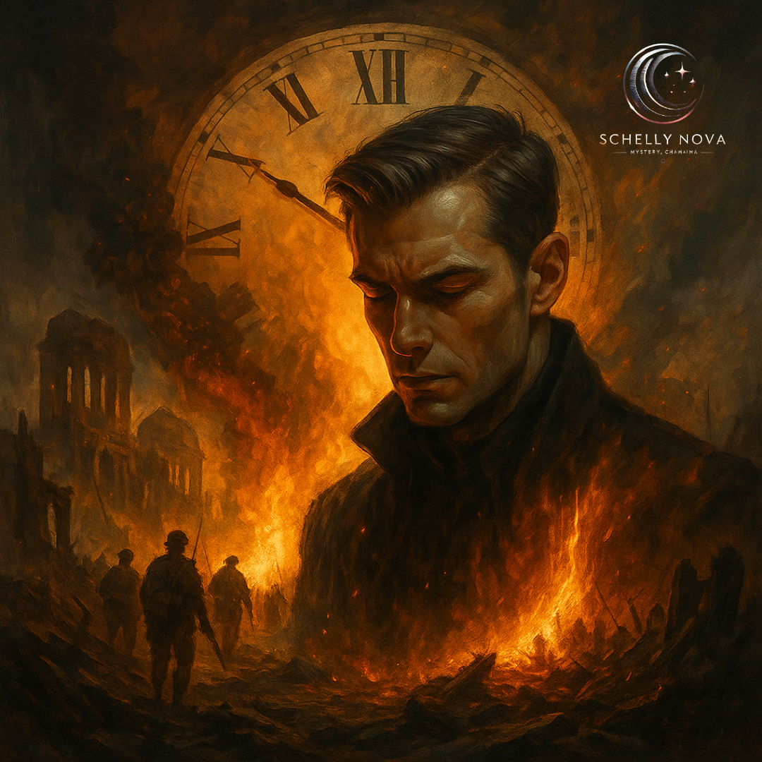 A digital painting of a battle-hardened man with piercing eyes, standing in a misty war-torn field. Timeworn clock faces float in the sky behind him, symbolizing the passage of time and sharpened mental clarity through adversity.