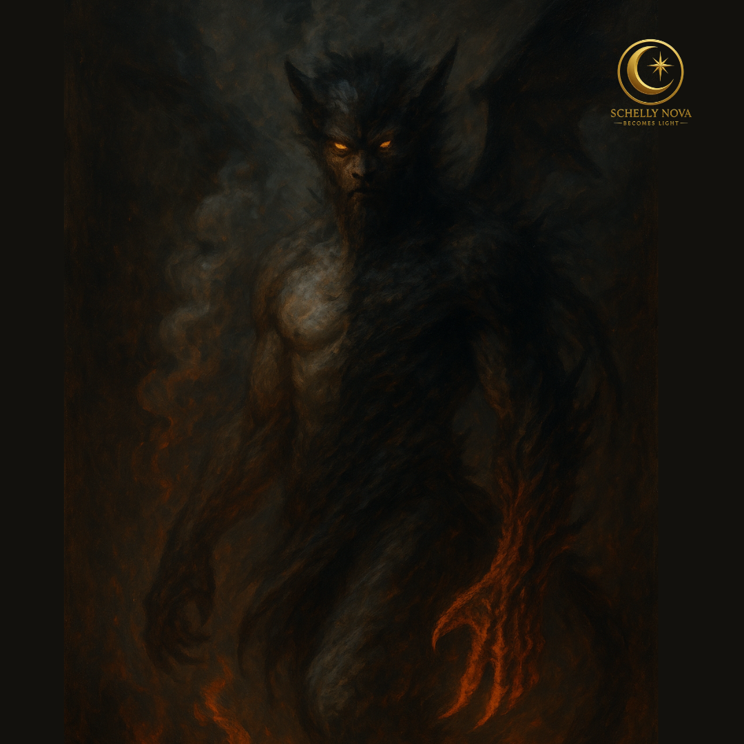 Cinematic oil-style painting of a half-human, half-beast figure emerging from smoke and flame—symbolizing transformation, evolution, and reclamation of power.