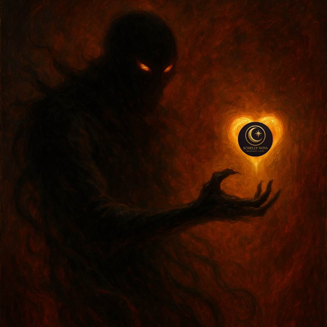 Cinematic oil-style painting of a dark figure reaching toward a floating heart of light—symbolizing desire as gravity and weapon.