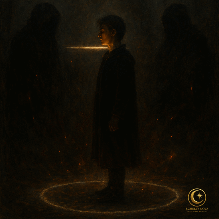 A traditional oil-style painting of a lone figure standing inside a chalk-drawn circle, holding a thin blade of light as two looming shadows press in—symbolizing boundary, clarity, and fearless confrontation.