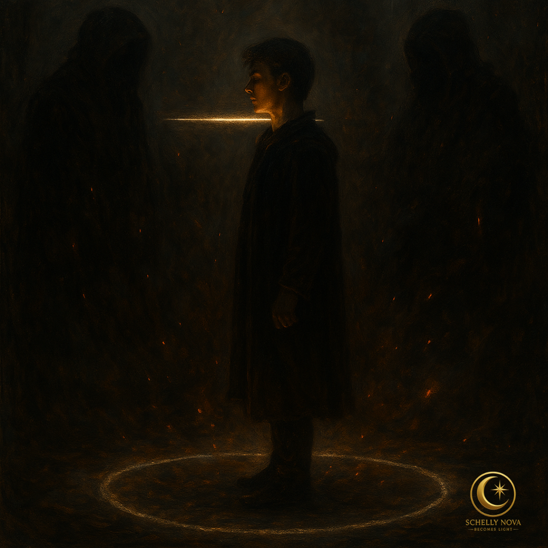 A traditional oil-style painting of a lone figure standing inside a chalk-drawn circle, holding a thin blade of light as two looming shadows press in—symbolizing boundary, clarity, and fearless confrontation.