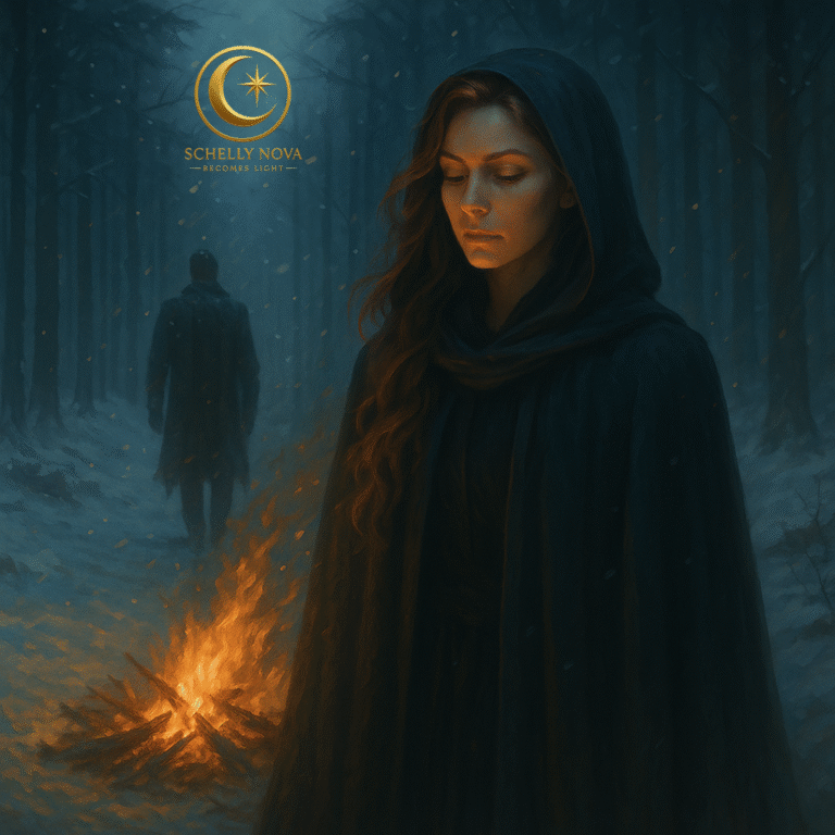 Hooded woman in a snowy forest beside a small campfire while a lone figure walks away into the cold—symbolizing winter selection, letting people go, and preparing for a stronger spring.