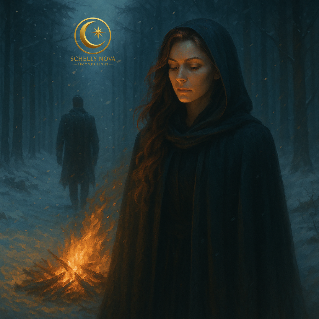 Hooded woman in a snowy forest beside a small campfire while a lone figure walks away into the cold—symbolizing winter selection, letting people go, and preparing for a stronger spring.