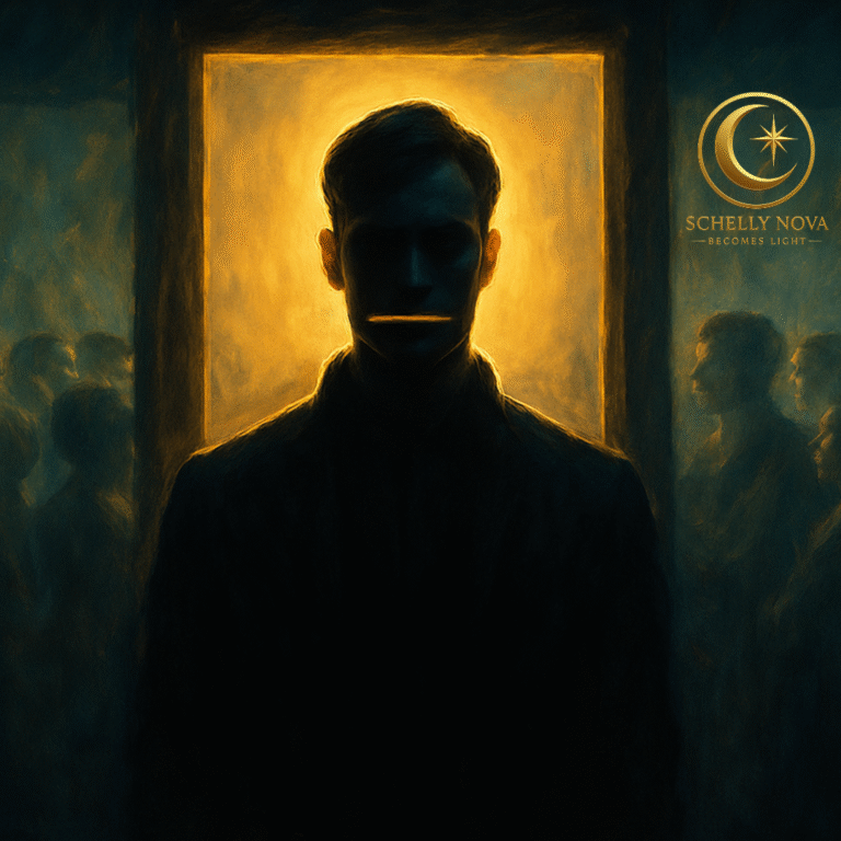 Dark, cinematic painting of a lone figure on a rooftop above a glowing city, moon behind storm clouds and crimson petals swirling—symbolizing strategic silence, being misunderstood, and controlled power.