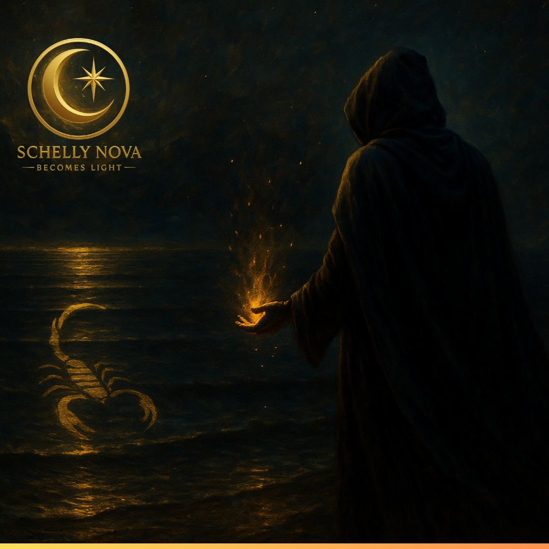 A dark, cinematic painting of a cloaked figure at a midnight shoreline with a gold crescent moon and a subtle scorpion sigil in the water—symbolizing Scorpio silence, strategy, and precise power.