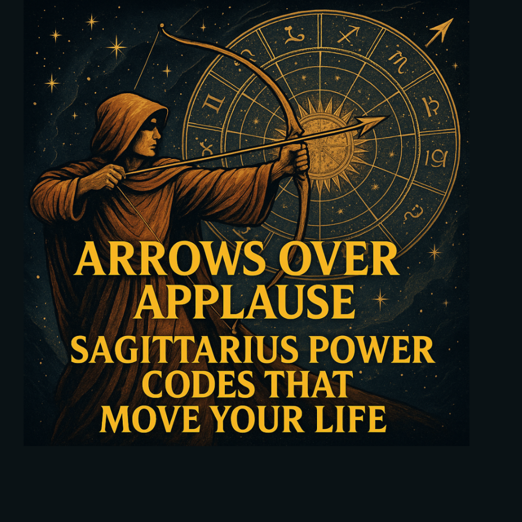 Hooded archer drawing a golden bow before a zodiac wheel in a starry sky, arrow aimed past the frame—Sagittarius focus, motion, and celestial strategy.