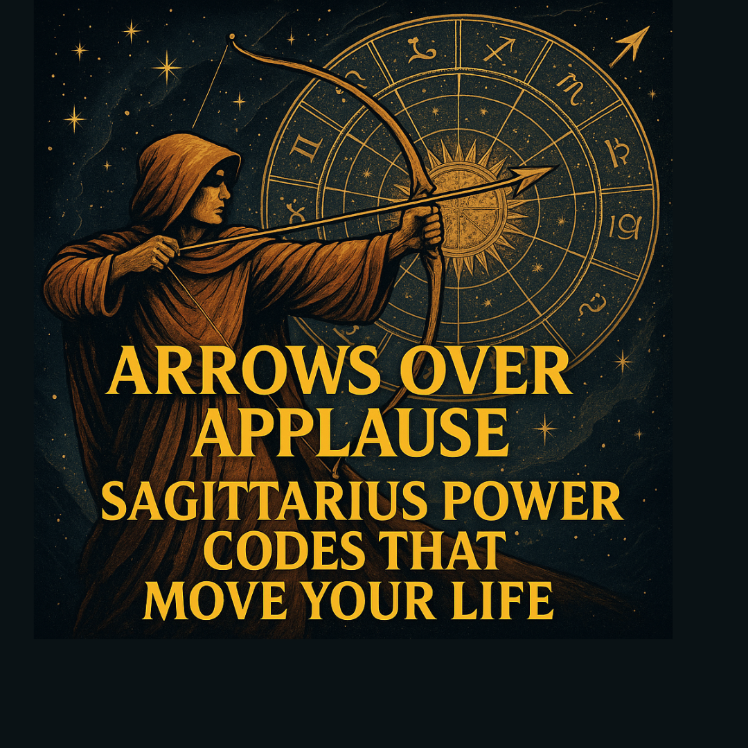 Hooded archer drawing a golden bow before a zodiac wheel in a starry sky, arrow aimed past the frame—Sagittarius focus, motion, and celestial strategy.