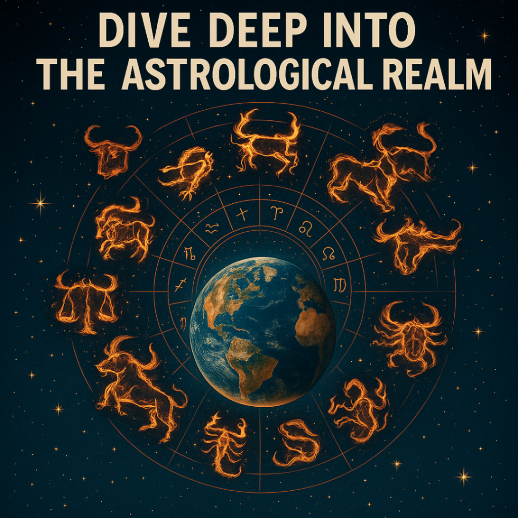 Golden zodiac wheel and celestial map over a starry sky, a robed figure tracing constellations—symbolizing astrology as strategy, timing, and power.