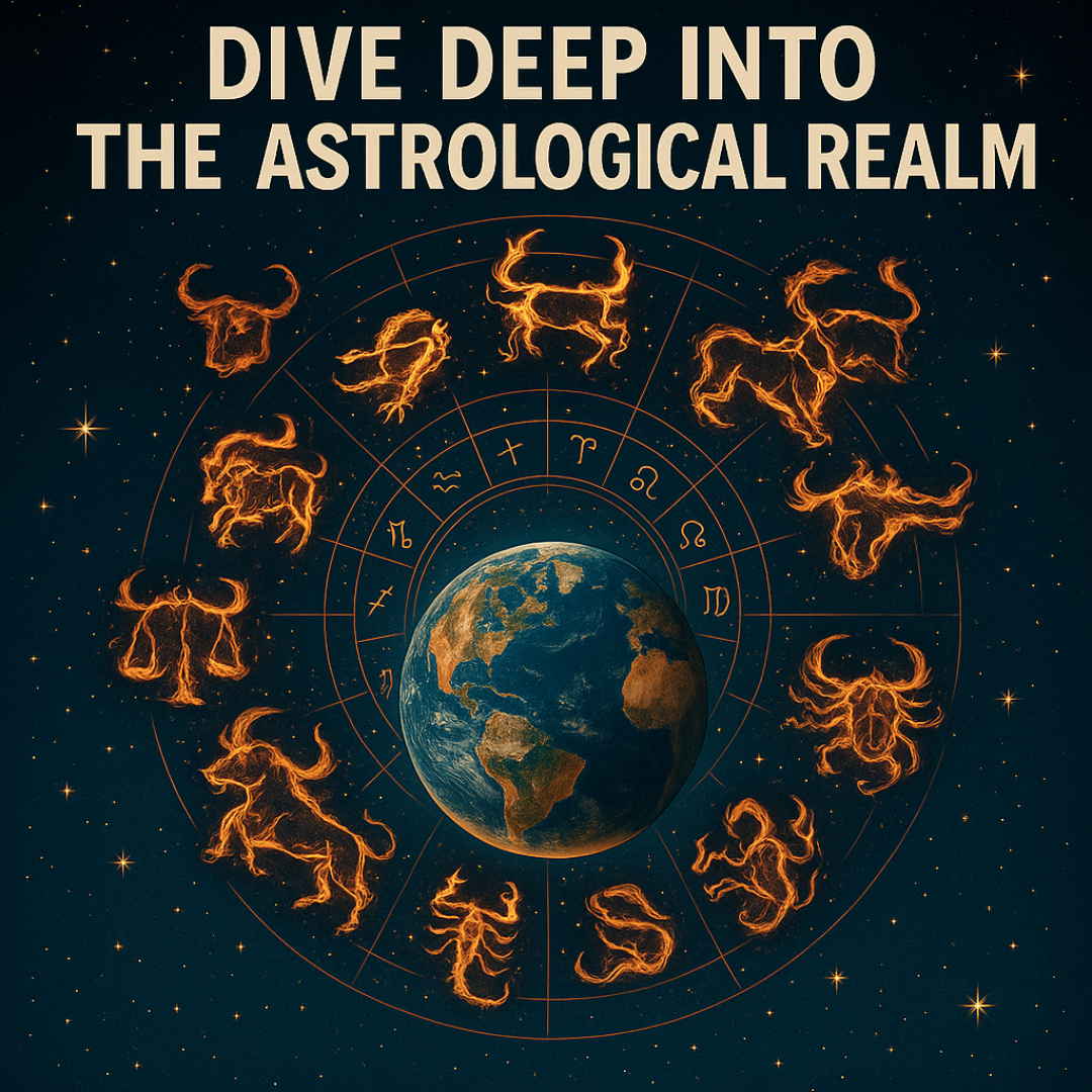 Golden zodiac wheel and celestial map over a starry sky, a robed figure tracing constellations—symbolizing astrology as strategy, timing, and power.