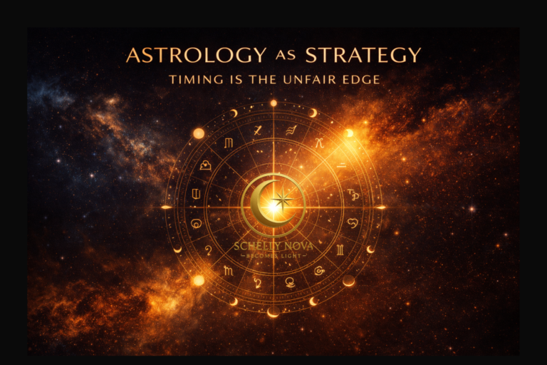 Golden astrological chart set against a cosmic background with zodiac symbols and lunar phases, representing astrology as a strategic timing system for power, focus, and aligned execution.