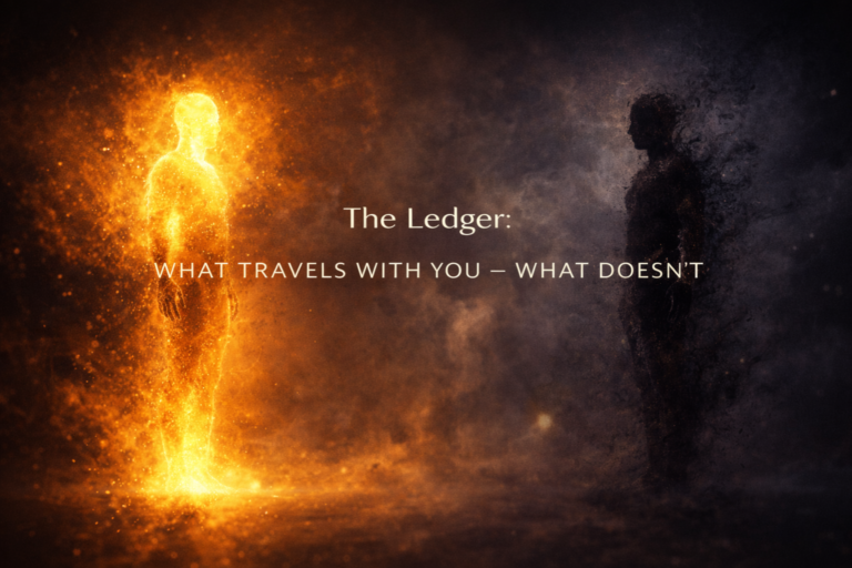 Golden figure emerging from darkness opposite a shadowed figure, symbolizing clarity, subtraction, and the decision of what to carry forward versus what must be released.