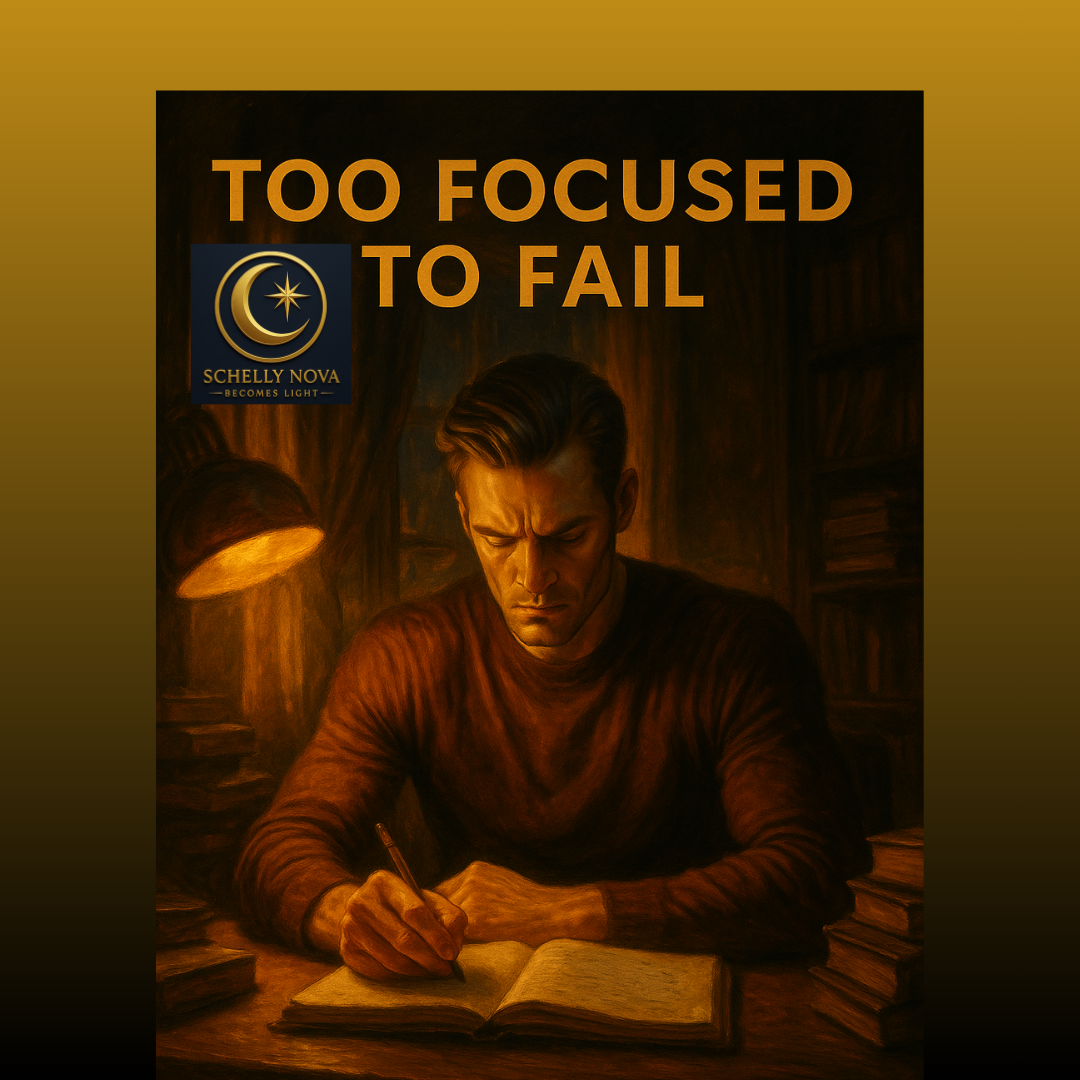 Moody oil-style painting of a man laser-focused at a wooden desk under a warm lamp, books stacked around him—a visual of ruthless concentration, “too focused to fail.