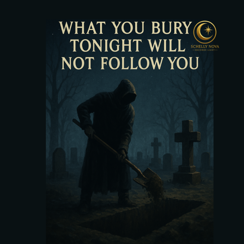 Hooded figure shoveling soil into an open grave in a moonlit cemetery with bare trees—symbolizing a Winter Solstice ritual of releasing burdens and closing loops.