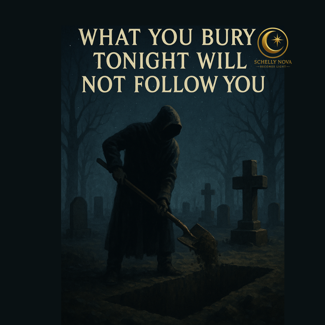 Hooded figure shoveling soil into an open grave in a moonlit cemetery with bare trees—symbolizing a Winter Solstice ritual of releasing burdens and closing loops.