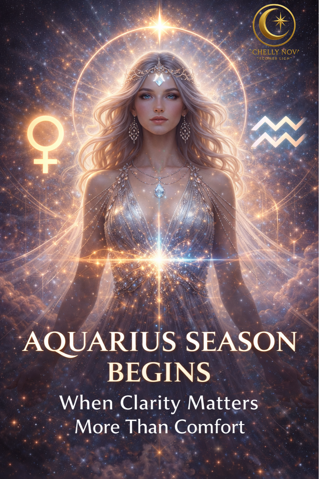 A luminous celestial figure representing Aquarius season, surrounded by cosmic light and astrological symbols, symbolizing clarity, perspective, and a shift from comfort to truth.
